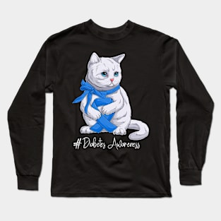 Cute Cat Diabetes Awareness Month Blue Ribbon Survivor Survivor Gift Idea Long Sleeve T-Shirt